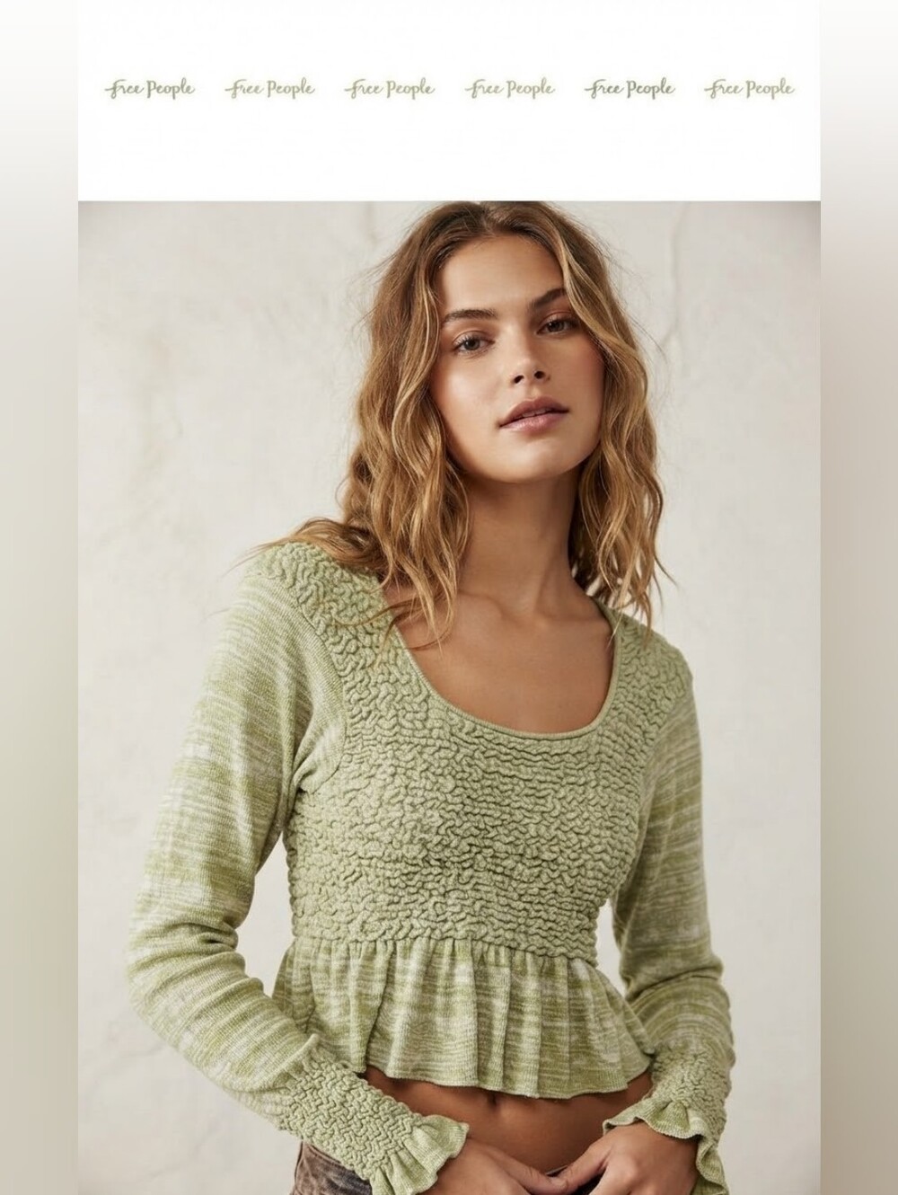 Free People Green Smocked Peplum Crop Top Size XS NWT